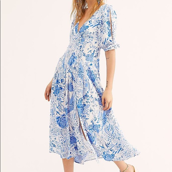 blue and white floral midi dress